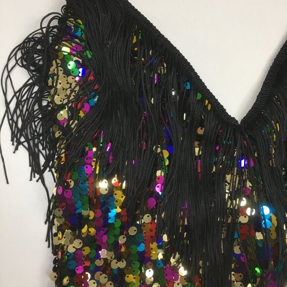 Black MultiColor Sequin Embellished Fringe Dancewear One Piece Costume Romper - Picture 5 of 12